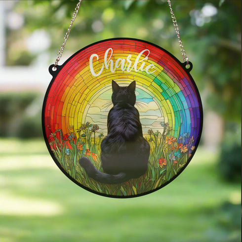 Black Cat Rainbow Bridge Personalised Stained Glass Effect Suncatcher